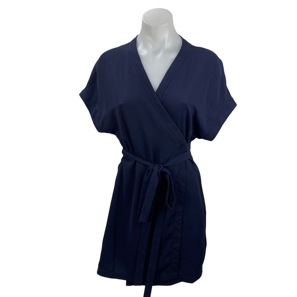 Tobi Women's Navy Blue V Neck Short Sleeve Tie Waist Midi A-Line Wrap Dress Sz S